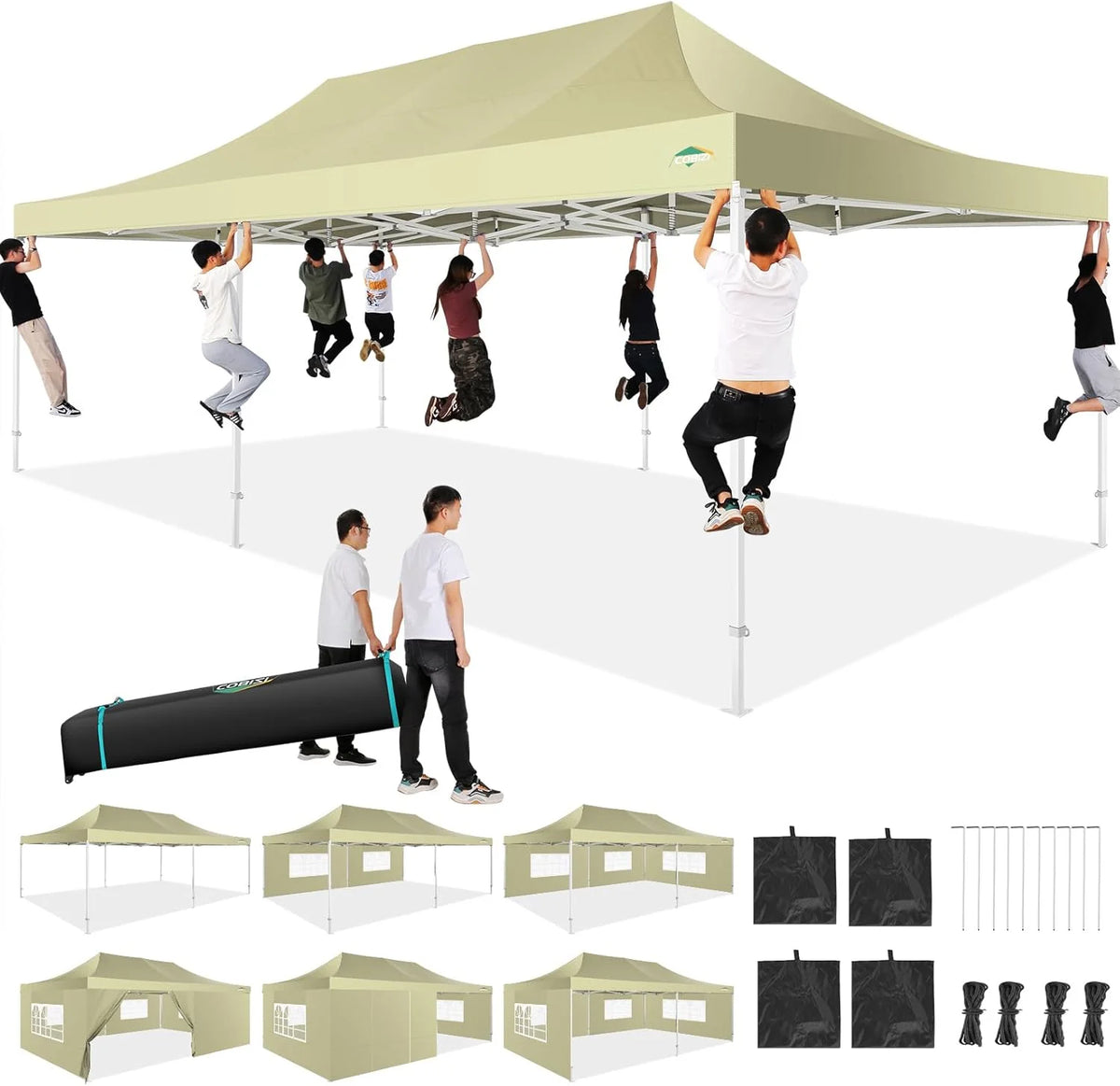 COBIZI 10x20 Heavy Duty Pop up Canopy Tent with 6 sidewalls Easy Up Commercial Outdoor Canopy Wedding Party Tents for Parties All Season Wind & Waterproof Gazebo with Roller Bag,Black(Frame Thickened)