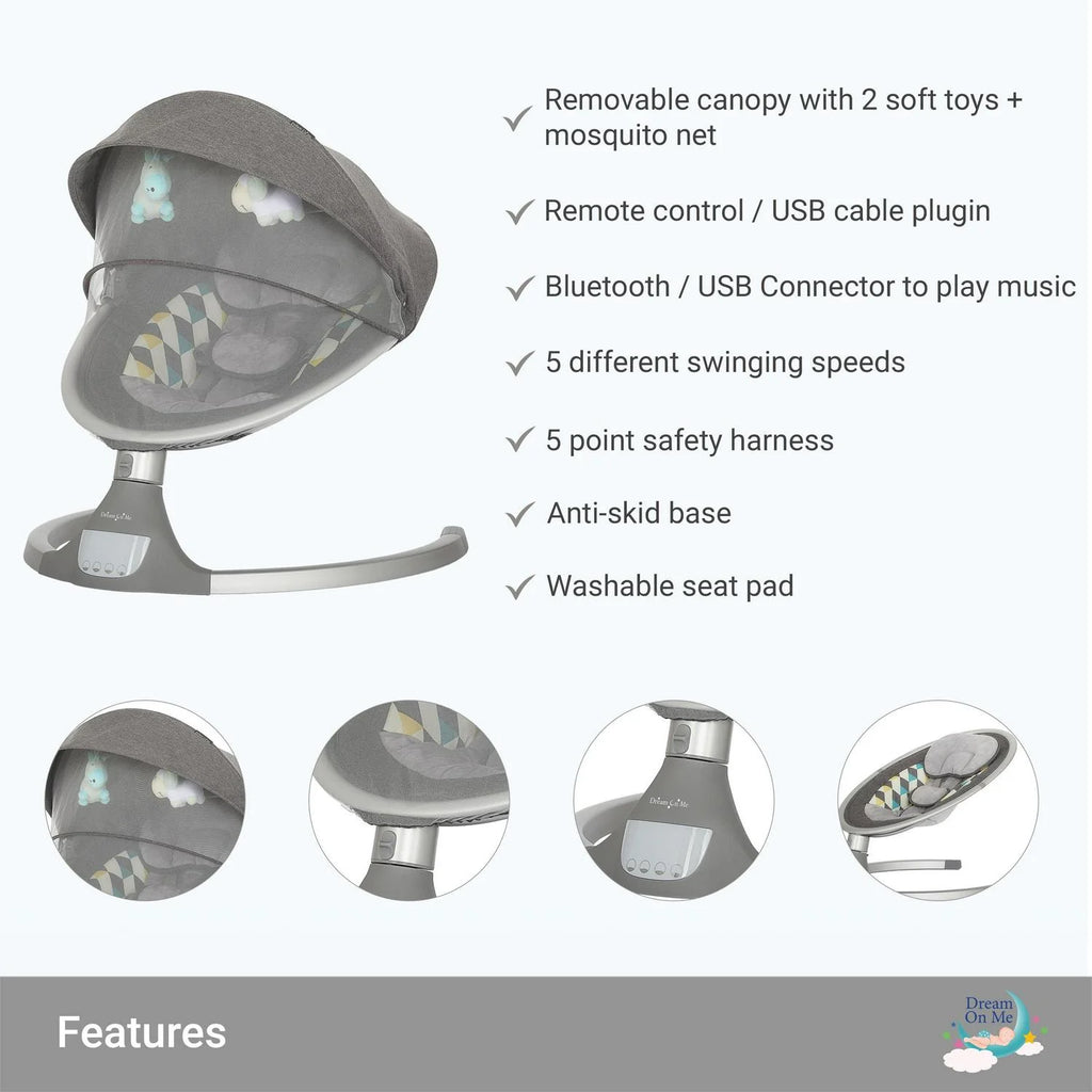 2026 NewDream On Me Zazu Baby Swing. Baby Swing for Infant. 5 - Swinging Speed. Two Attached Toys. Bluetooth Enabled and Remote Control. Grey and Blue