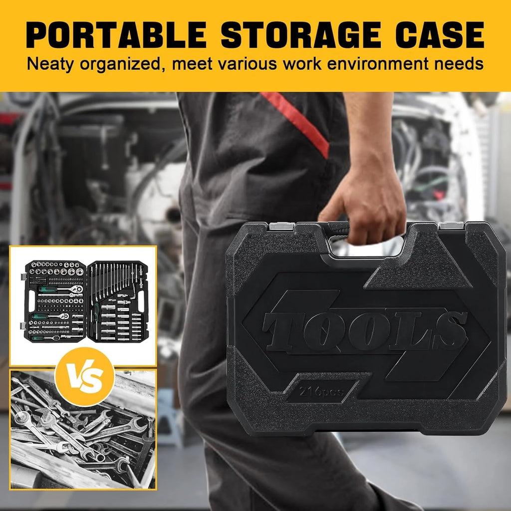 AOILE 216-Piece SAE & Metric Mechanics Tool Set with Socket Wrench Kit in Storage Case