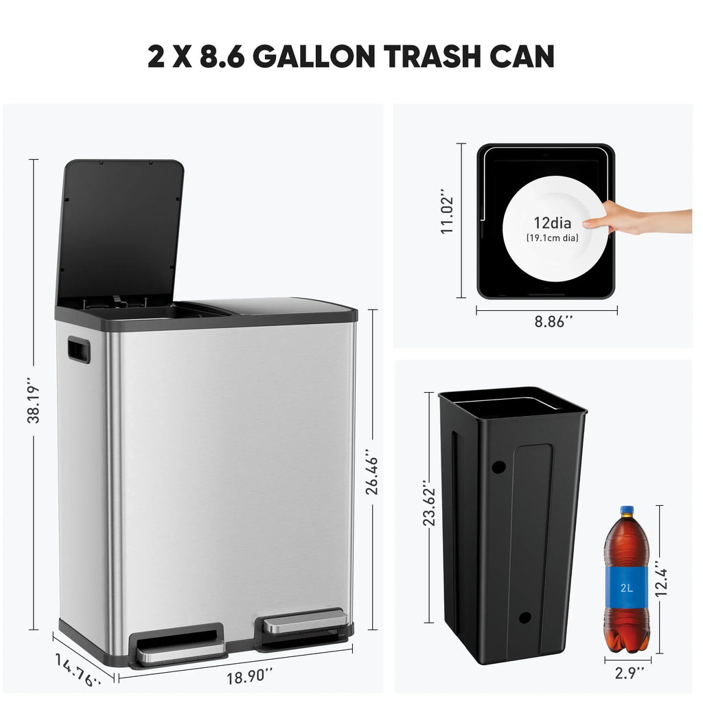 2026 NewEDX 2 x 8.3 Gallon Dual Garbage Recycle Trash Can with Lid, Inner Buckets for Kitchen, Stainless Steel, Sliver
