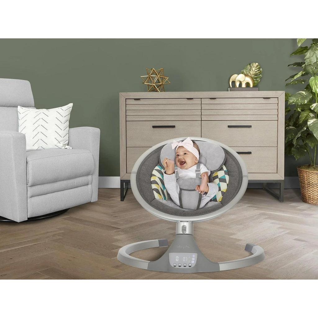 2026 NewDream On Me Zazu Baby Swing. Baby Swing for Infant. 5 - Swinging Speed. Two Attached Toys. Bluetooth Enabled and Remote Control. Grey and Blue