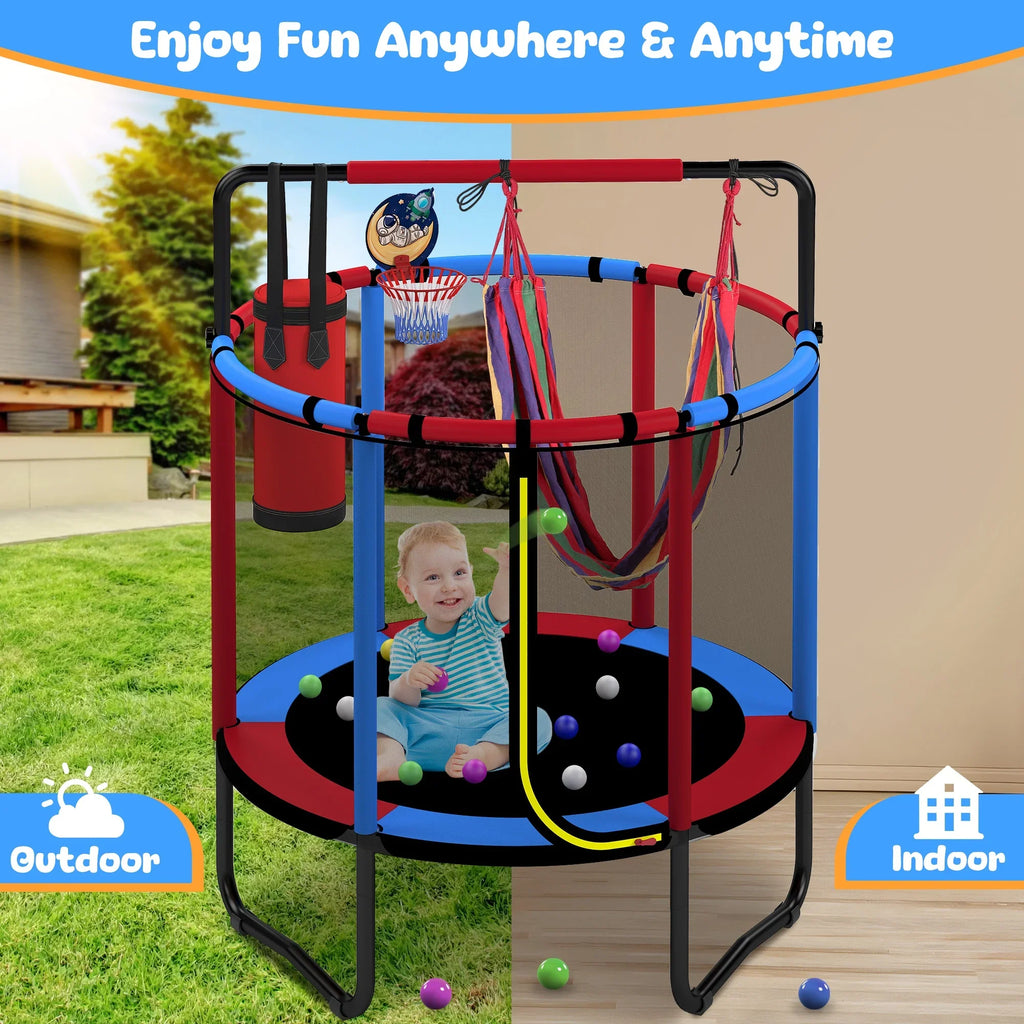 2026 NewMini Round Trampoline for Kids with Basketball Hoop, SEGMART 55'' Indoor Outdoor Toddler Trampoline with Enclosure Net, Swing, Sandbag, Ring, Ocean Balls, Small Trampoline Gift for Boys Girls, Blue