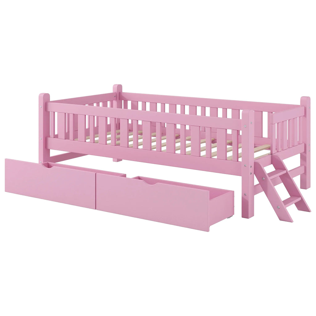 2026 NewEuroco Wood Twin Size Platform Bed with 2 Drawers and Ladder for Kids and Toddlers, White