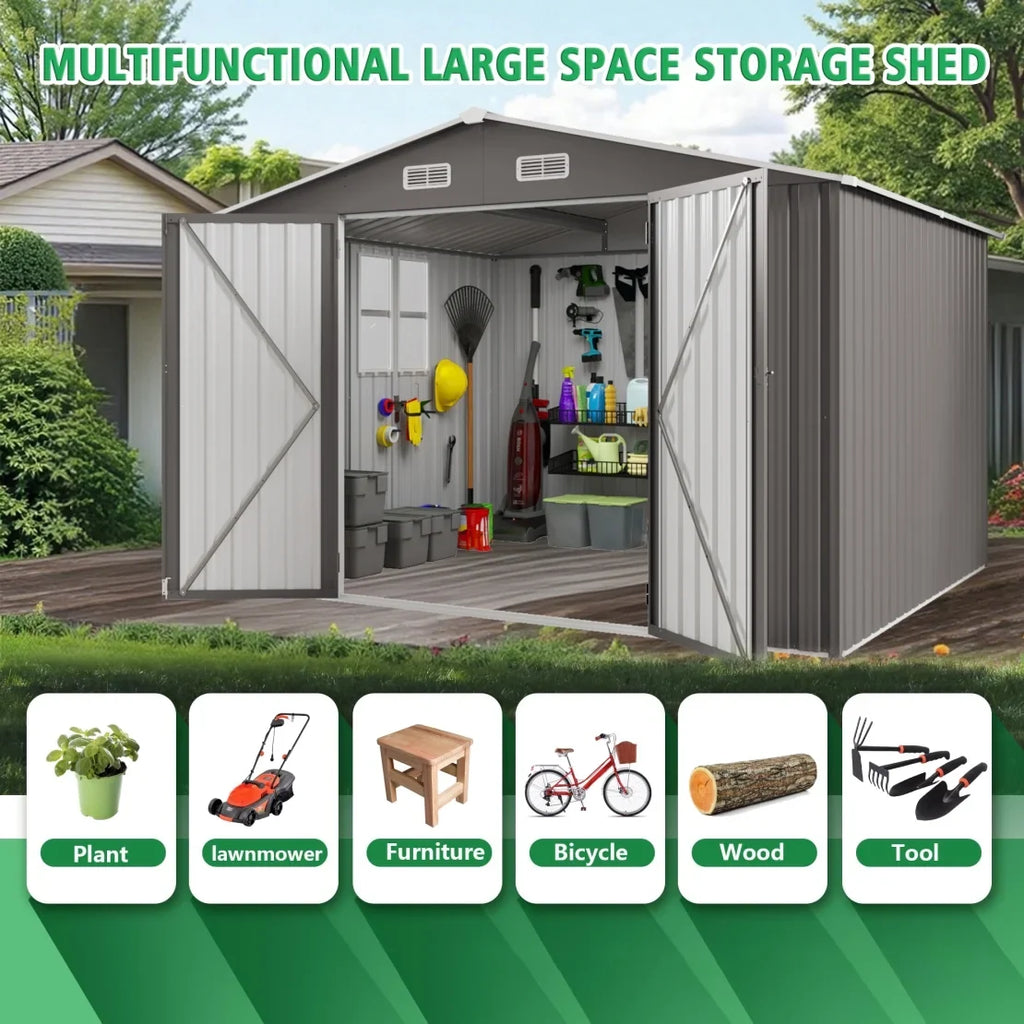 2026 New10 x 8 FT Outdoor Storage Shed, Large Metal Storage Shed, Lockable Door and Air Vent, Clear Window Garden Tool Shed for Bicycles, Tools, Lawnmowers, Backyards, Patios, Lawns - Gray