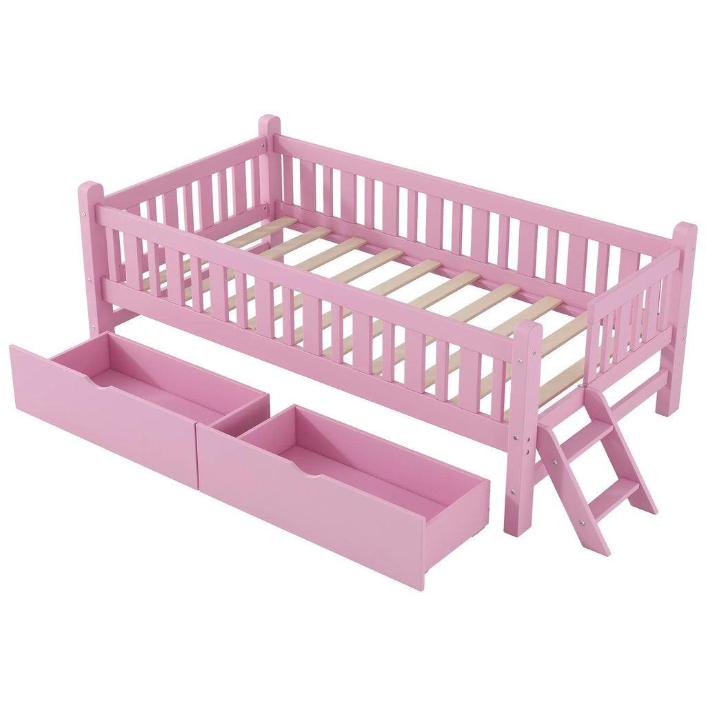 2026 NewEuroco Wood Twin Size Platform Bed with 2 Drawers and Ladder for Kids and Toddlers, White