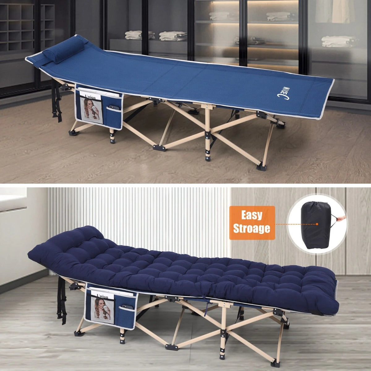 Nice C Camping Cots Heatable w/Mattress, Cots for Adults, Folding Cot, Lounge Chair, w/Carry Bag Extra Wide, Heavy Duty Holds Up to 500 Lbs, Power Bank Included (1-Pack, Navyblue)