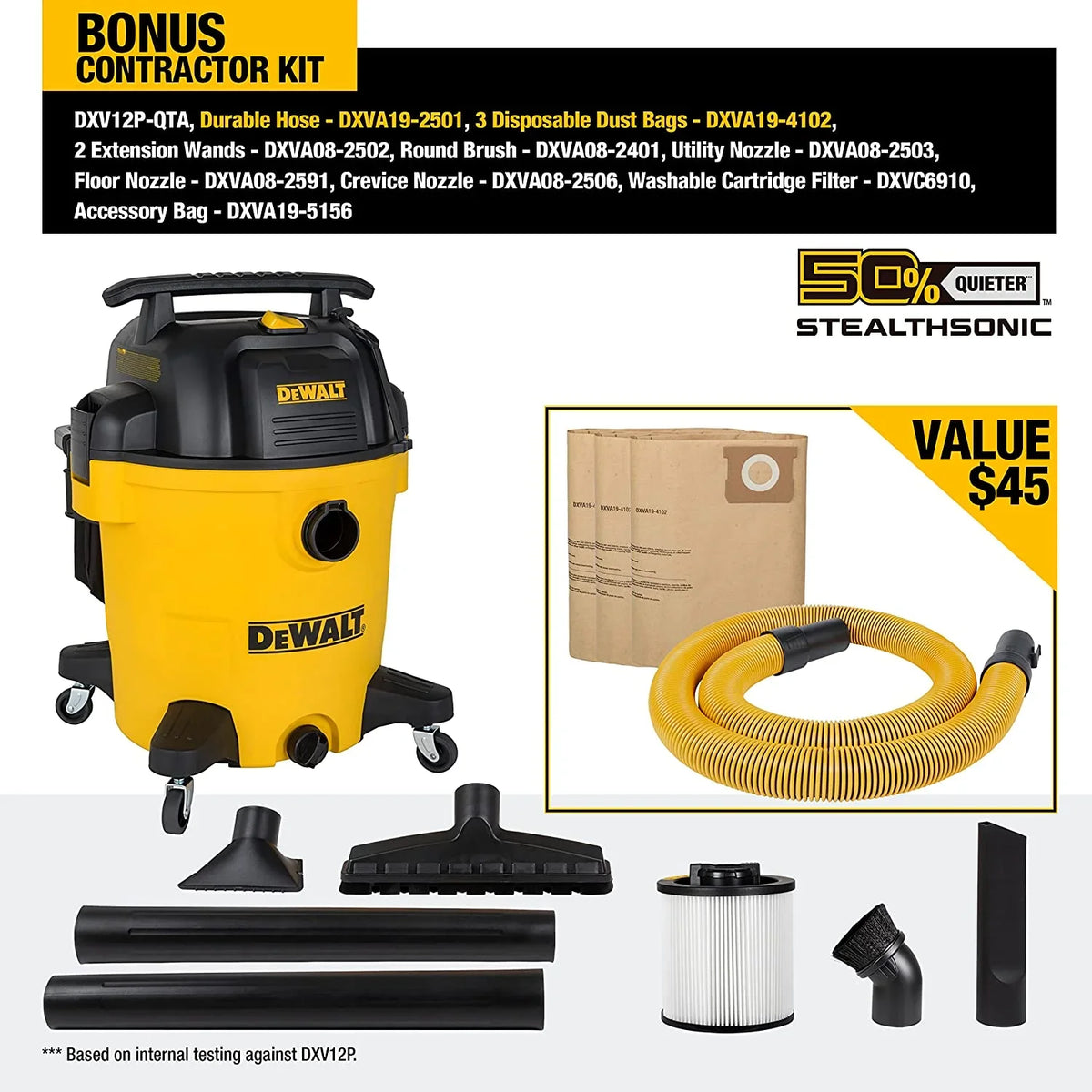 2026 NewDEWALT 12 Gallon STEALTHSONIC Ultra Quiet Poly Wet Dry Vacuum, DXV12P-QTA Newest Noise Reduction Vac, 5.5 Peak HP Shop Vacuum for Jobsite/Workshop, Reduce Motor Noise, Yellow