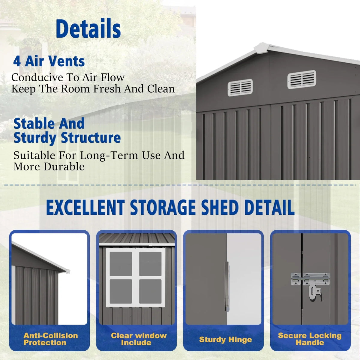 2026 New10 x 8 FT Outdoor Storage Shed, Large Metal Storage Shed, Lockable Door and Air Vent, Clear Window Garden Tool Shed for Bicycles, Tools, Lawnmowers, Backyards, Patios, Lawns - Gray
