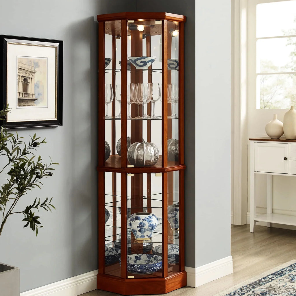 2026 NewWalnut Cabinet With 6 Shelves, Adjustable Glass & Mirrored Back Design Shelf Lighted Corner Curio Shelves In