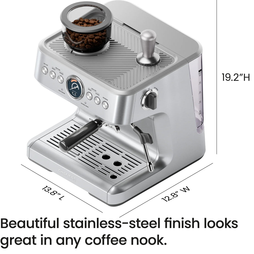 2026 NewChefman Crema Supreme Espresso Machine with Conical Burr Grinder and Steam Wand a. Stainless Steel, New
