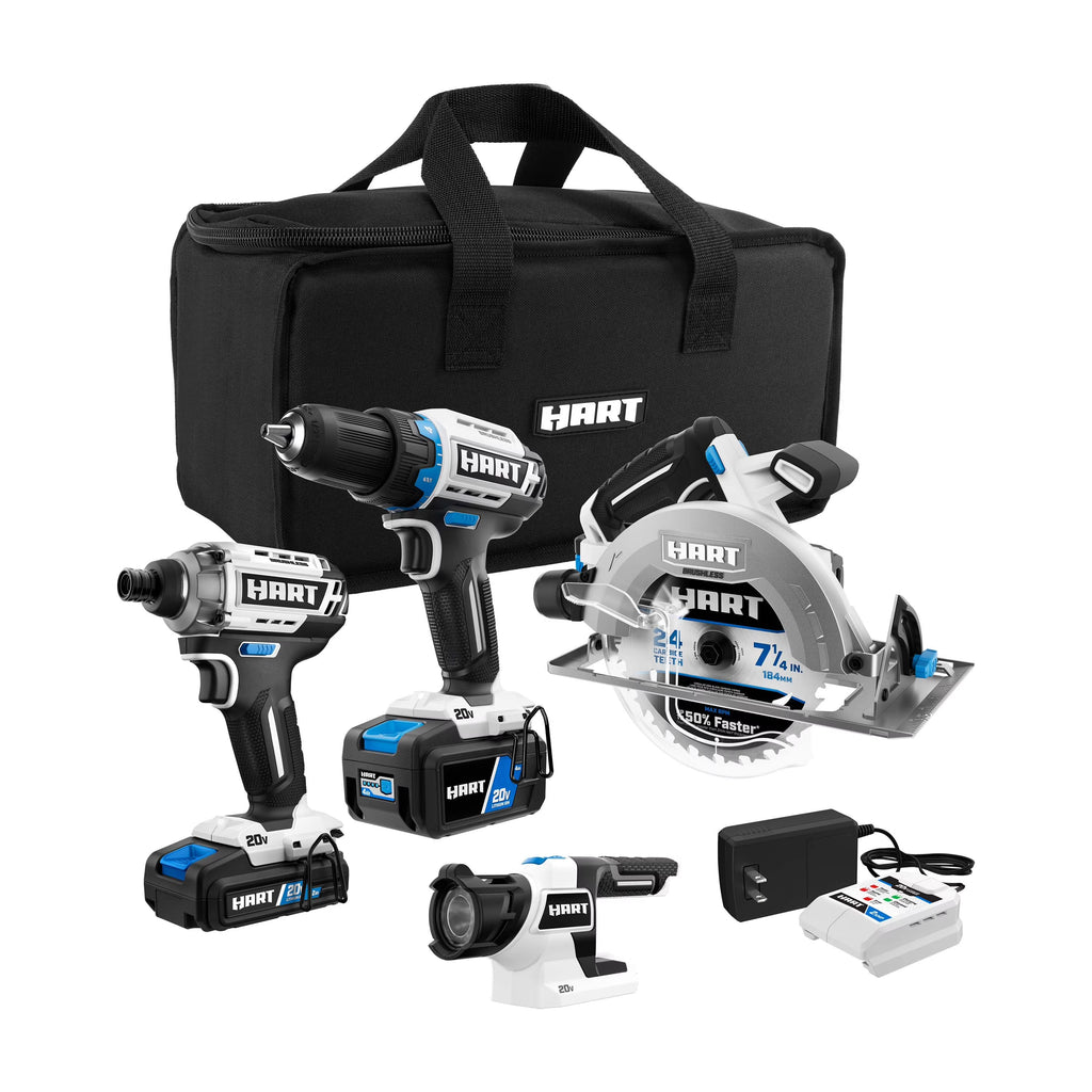HART 20 Volts 4-Tool Brushless Combo Kit, (1) 2.0Ah and (1) 4.0Ah Lithium-Ion Battery