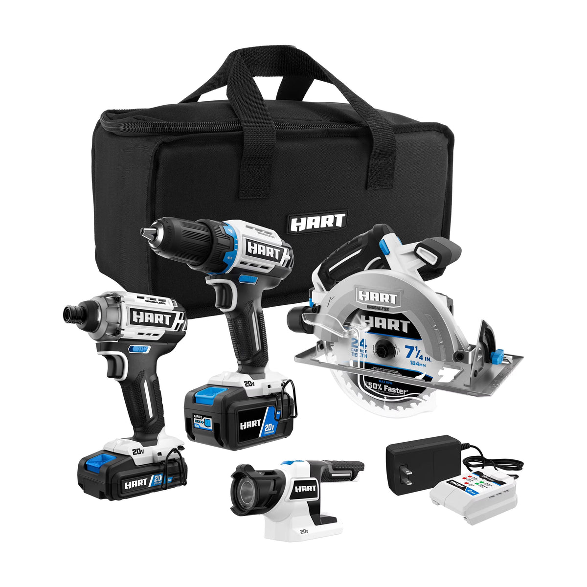 HART 20 Volts 4-Tool Brushless Combo Kit, (1) 2.0Ah and (1) 4.0Ah Lithium-Ion Battery
