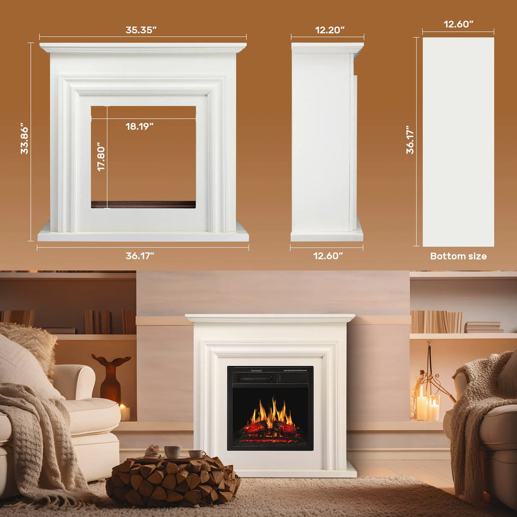 2026 NewKISSAIR Electric Fireplace Mantel Wooden Surround Firebox, Free Standing Fireplace, with Remote Control, Adjustable LED Flame, 750W/1500W -White