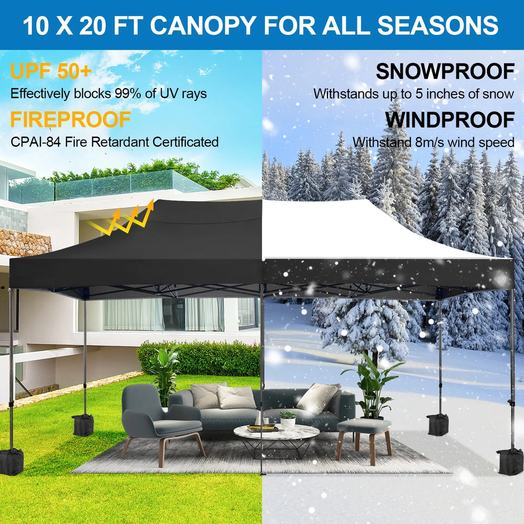SANOPY 10'x20' Pop Up Canopy Waterproof Folding Tent Outdoor Easy Set-up Instant Tent Heavy Duty Commercial Wedding Party Shelter with 6 Removable Sidewalls, 4 Sandbags, Roller Bag, Black