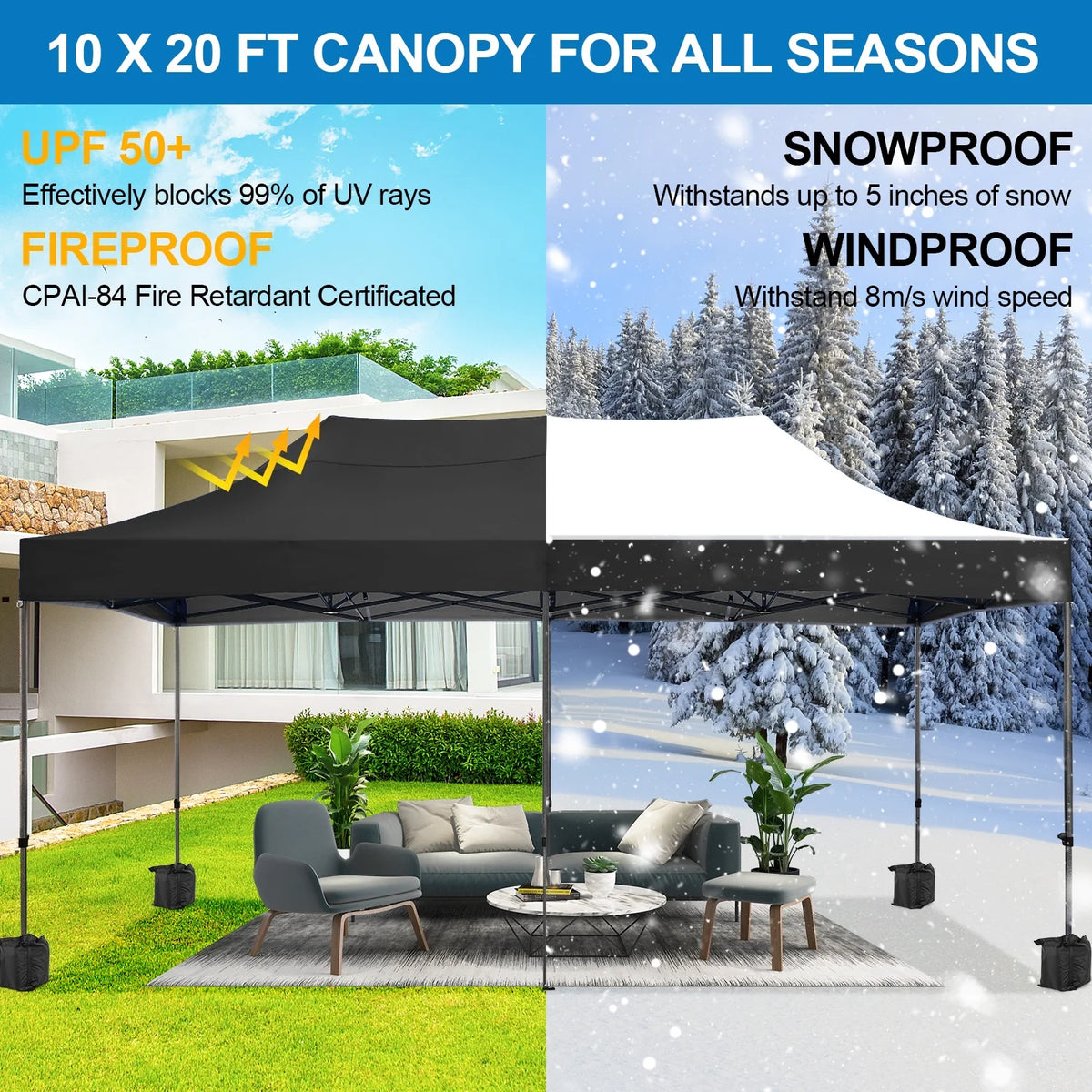 SANOPY 10'x20' Pop Up Canopy Waterproof Folding Tent Outdoor Easy Set-up Instant Tent Heavy Duty Commercial Wedding Party Shelter with 6 Removable Sidewalls, 4 Sandbags, Roller Bag, Black