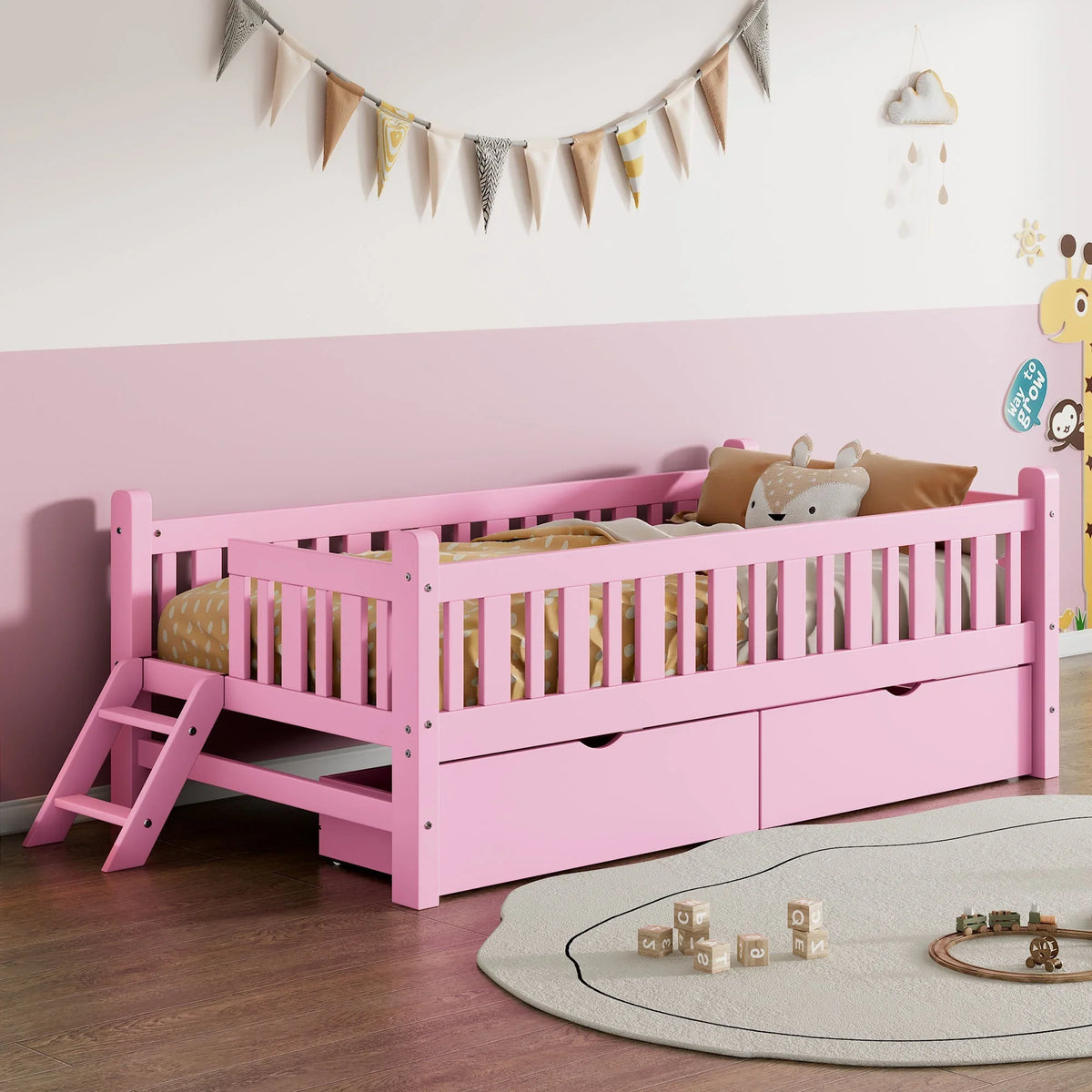 2026 NewEuroco Wood Twin Size Platform Bed with 2 Drawers and Ladder for Kids and Toddlers, White