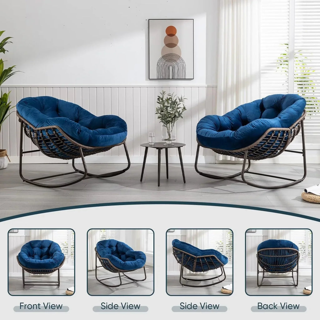 2026 NewOutdoor Papasan Rocking Chair, Patio Oversized Wicker Egg Rocking Chair, Indoor & Outdoor Comfy Rocker Chair with Thick Cushion, Modern Lounge Chair for Front Porch, Garden, Backyard, Grey