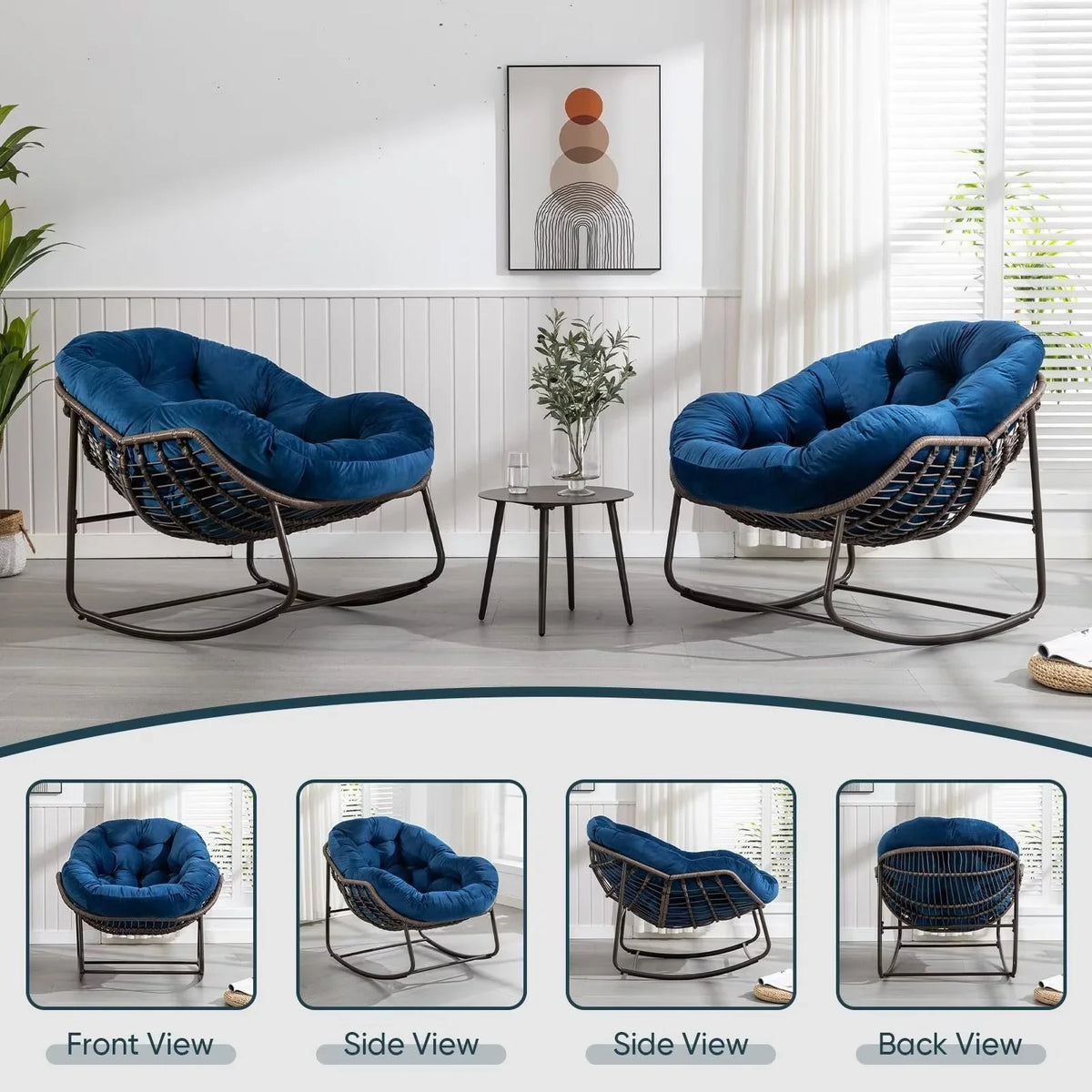 2026 NewOutdoor Papasan Rocking Chair, Patio Oversized Wicker Egg Rocking Chair, Indoor & Outdoor Comfy Rocker Chair with Thick Cushion, Modern Lounge Chair for Front Porch, Garden, Backyard, Grey