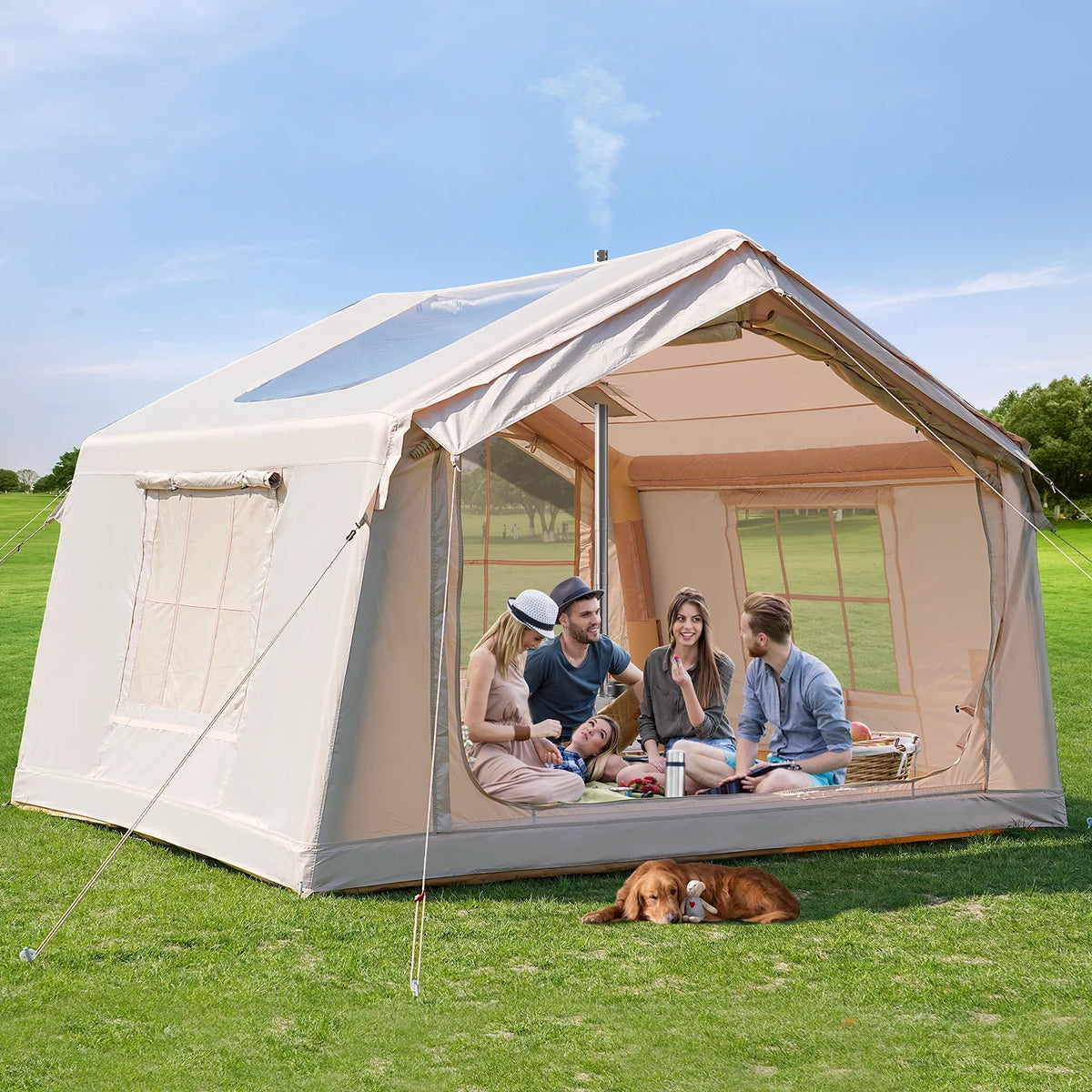 Slsy 4-6 Person Inflatable Camping Tents with Hand Pump & Carry Bag, Air Glamping Tents, Easy Setup Waterproof Windproof Blow up Tent, 4 Seasons Oxford Cabin Tent with Mesh & Chimney Window