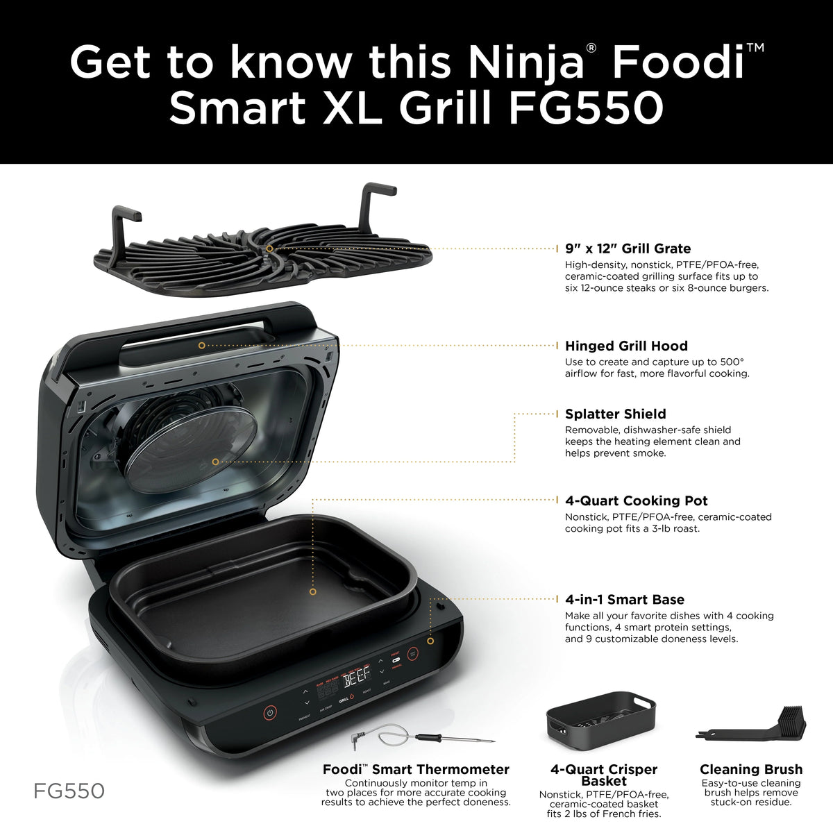 Foodi Smart XL 4-in-1 Indoor Grill with 4-Quart Air Fryer, Roast, Bake, and Smart Cook System, FG550