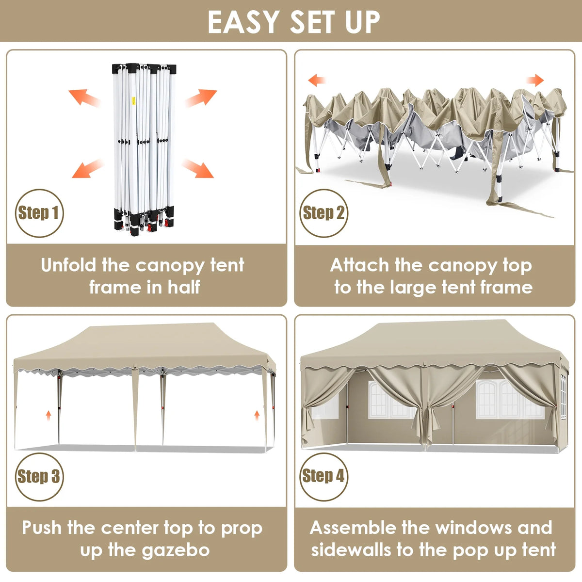 LAZY BUDDY 10'x20' Pop up Canopy Tent with 6 Sidewalls, Heavy Duty Outdoor Canopy Tent Commercial Instant Folding Sun Shelter for Party, Wedding, Camping