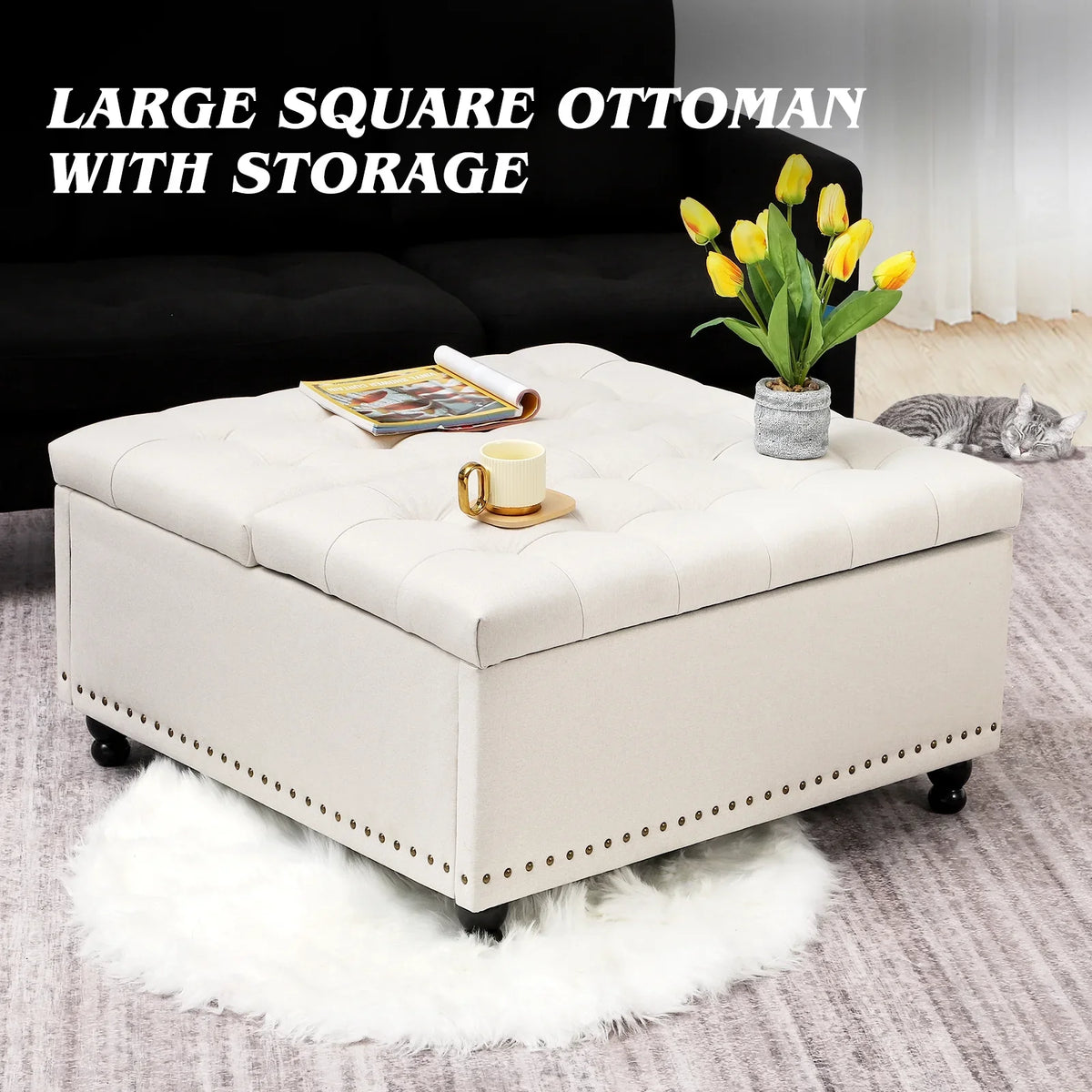 2026 NewMagic Union 35" Large Square Storage Ottoman, Oversized Square Ottoman with Storage, Tufted Upholstered Ottoman Coffee Table with Lift Top for Living Room (Beige)