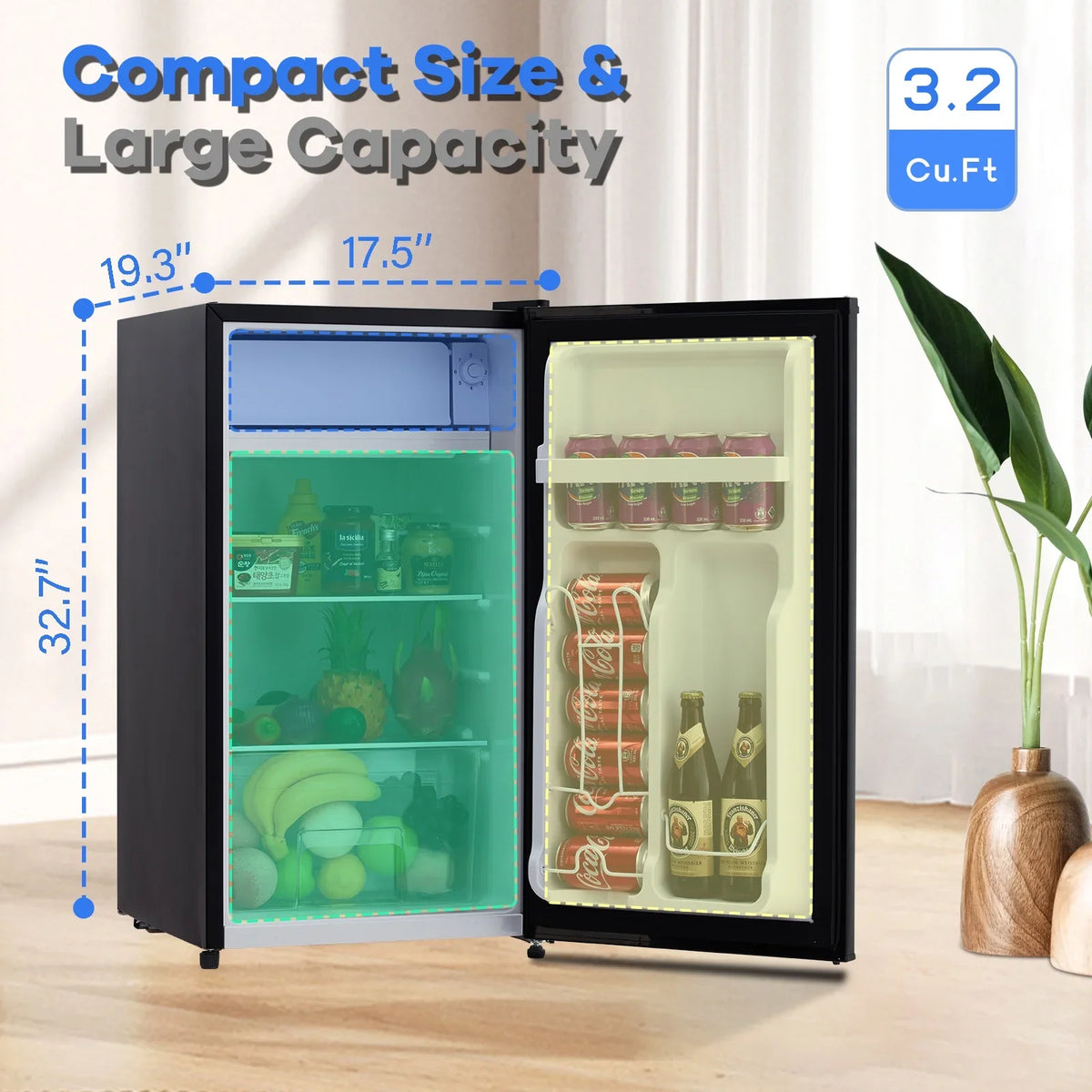 2026 NewMini Fridge with Freezer, 3.2 Cu. Ft Small Refrigerator for Bedroom,7 Adjustable Thermostat,Low Noise,Easy to Storage&Clean Single Door,Refrigerator For Home, Office, Dorm, Garage or RV
