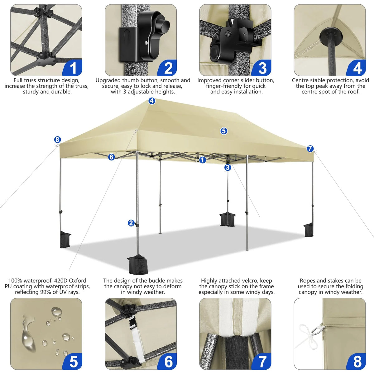 HOTEEL 10x20 Pop up Canopy with 6 Sidewalls Commercial Heavy Duty Canopy UPF 50+ All Weather Waterproof Outdoor Wedding Party Tents Gazebo with Roller Bag, Khaki