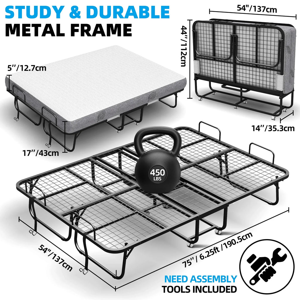 2026 NewFolding Bed with Mattress 75" x 31" Cot Size Folded Bed, Rollaway Guest Bed Portable Foldable Extra Bed for Adults Daybed with 5" Memory Foam Mattress Space-Saving Sturdy Metal Grid Frame