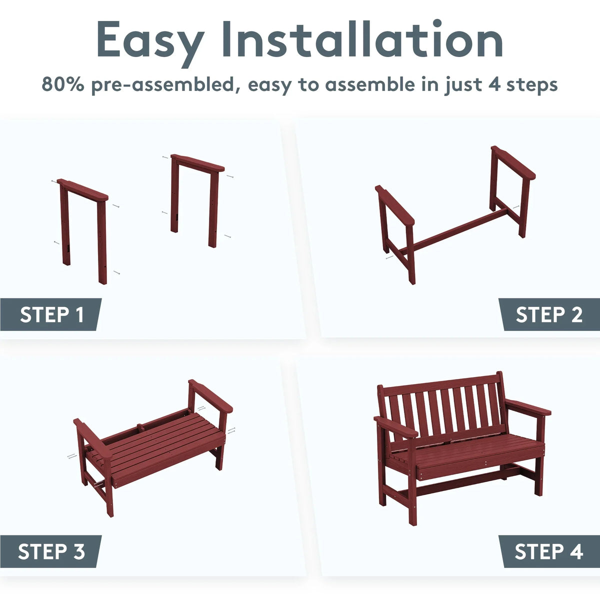 2026 NewSERWALL Outdoor Bench for 2-Person, Weather-Resistant HDPE with Aluminum Reinforcement, Supports 660 lbs, Comfortable Seating for Patio, Garden, and Porch, Black