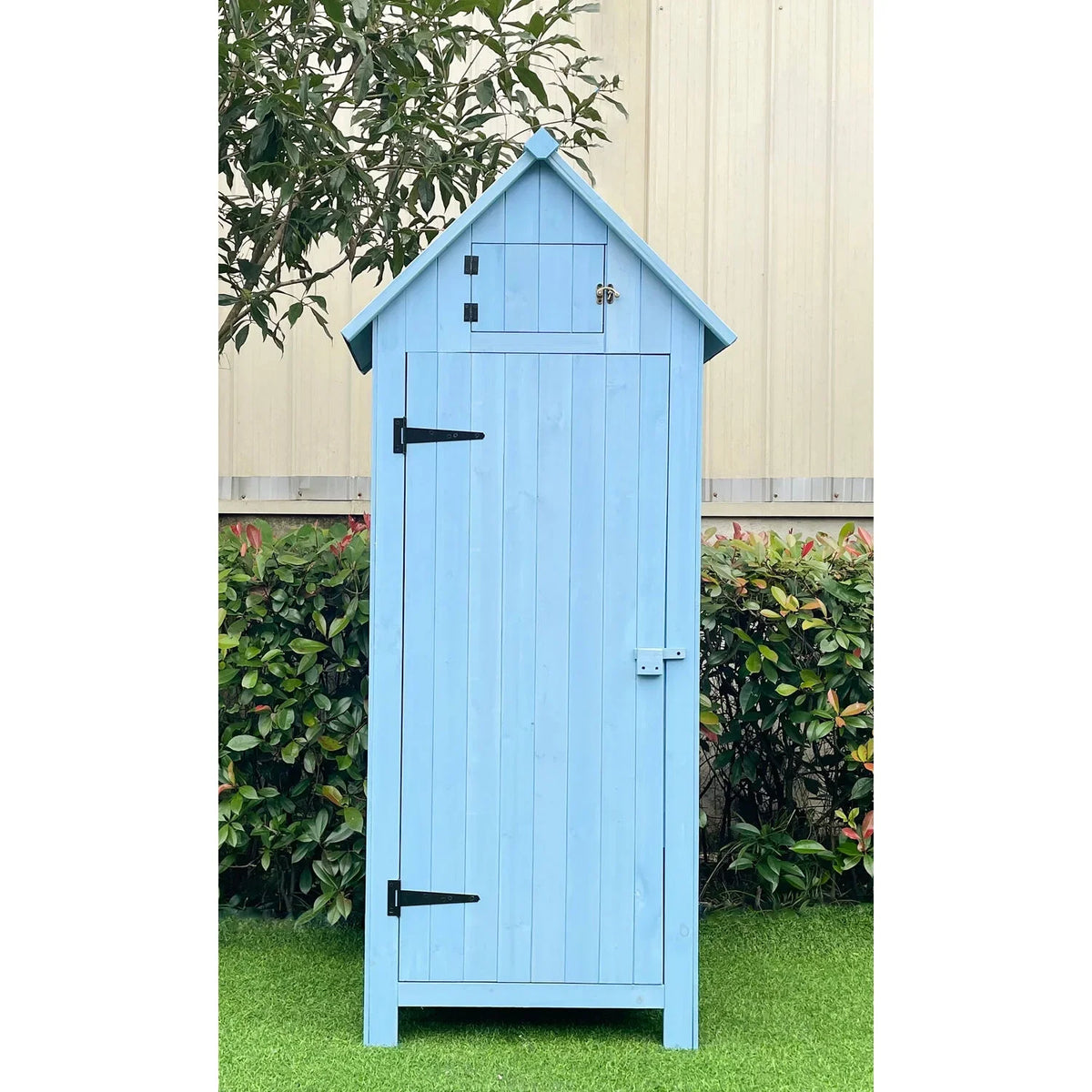 2026 NewHanover Sturdy Durable Waterproof Wood Outdoor Vertical Storage Shed, 70.40"x 30.30"x21.30", Blue