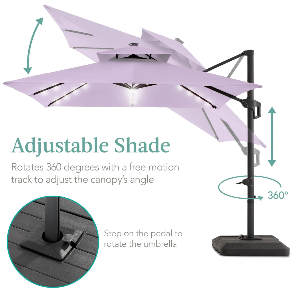 2026 NewBest Choice Products 10x10ft 2-Tier Square Outdoor Solar LED Cantilever Patio Umbrella w/ Base Included - Tan