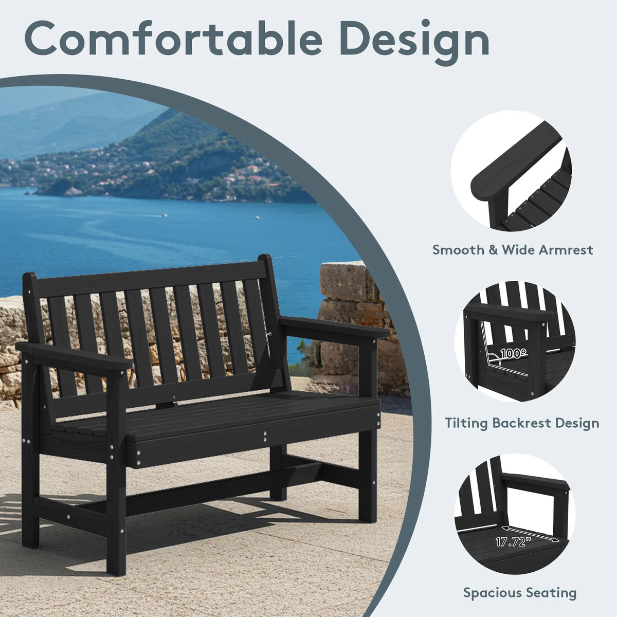 2026 NewSERWALL Outdoor Bench for 2-Person, Weather-Resistant HDPE with Aluminum Reinforcement, Supports 660 lbs, Comfortable Seating for Patio, Garden, and Porch, Black