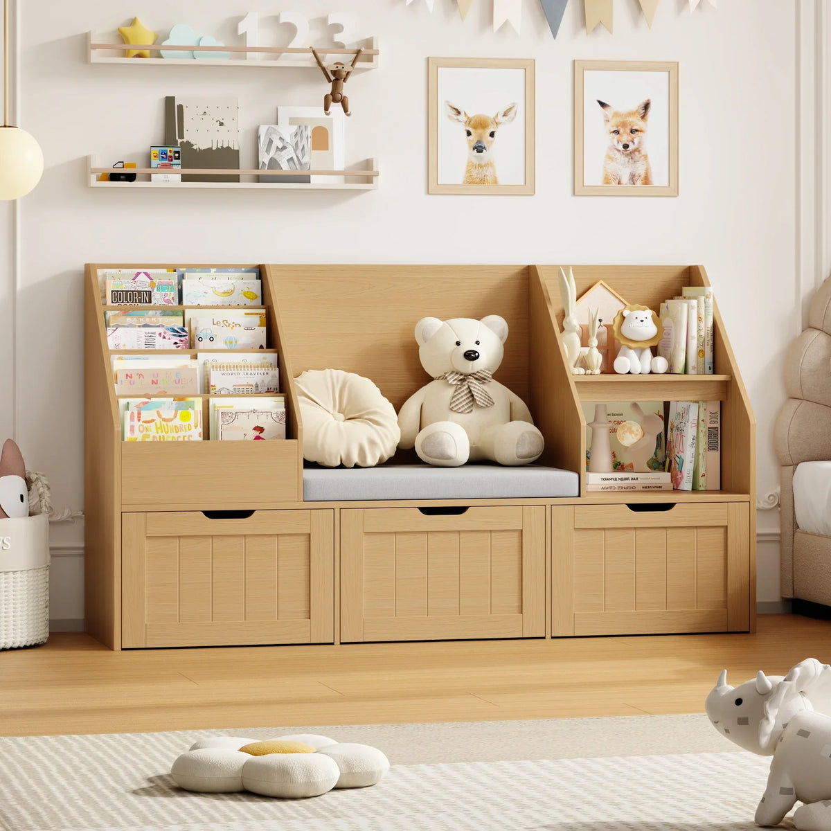 2026 NewHomfa Kids Bookshelf with Reading Nook & 3 Movable Drawers, 2 Cube Bookcase with 4-Tier Book Racks, Toy Storage Organizer for Playroom Bedroom, White