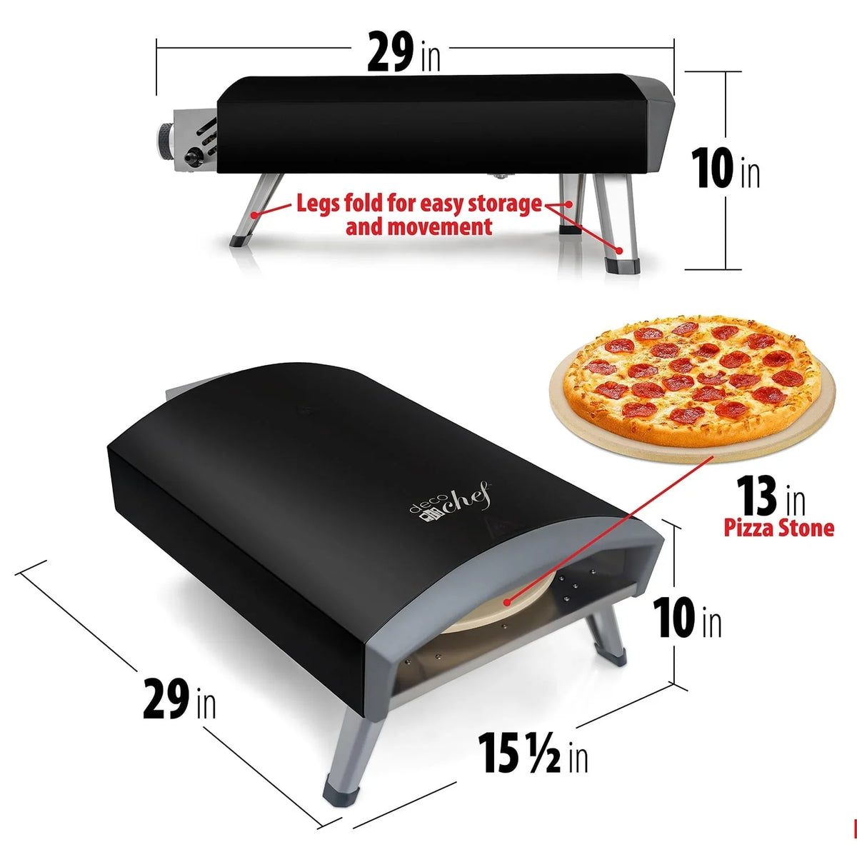 2026 NewDeco Chef Outdoor Gas Pizza Oven, Portable Collapsable Design, Hassle-Free Self-Rotating Baking Stone, Black