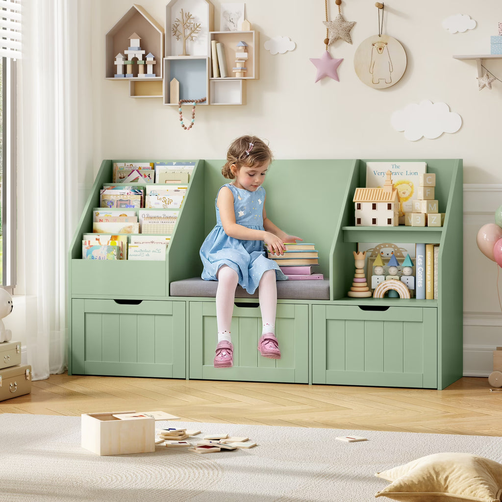 2026 NewHomfa Kids Bookshelf with Reading Nook & 3 Movable Drawers, 2 Cube Bookcase with 4-Tier Book Racks, Toy Storage Organizer for Playroom Bedroom, White