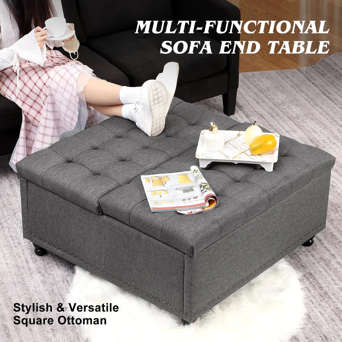 2026 NewMagic Union 35" Large Square Storage Ottoman, Oversized Square Ottoman with Storage, Tufted Upholstered Ottoman Coffee Table with Lift Top for Living Room (Beige)