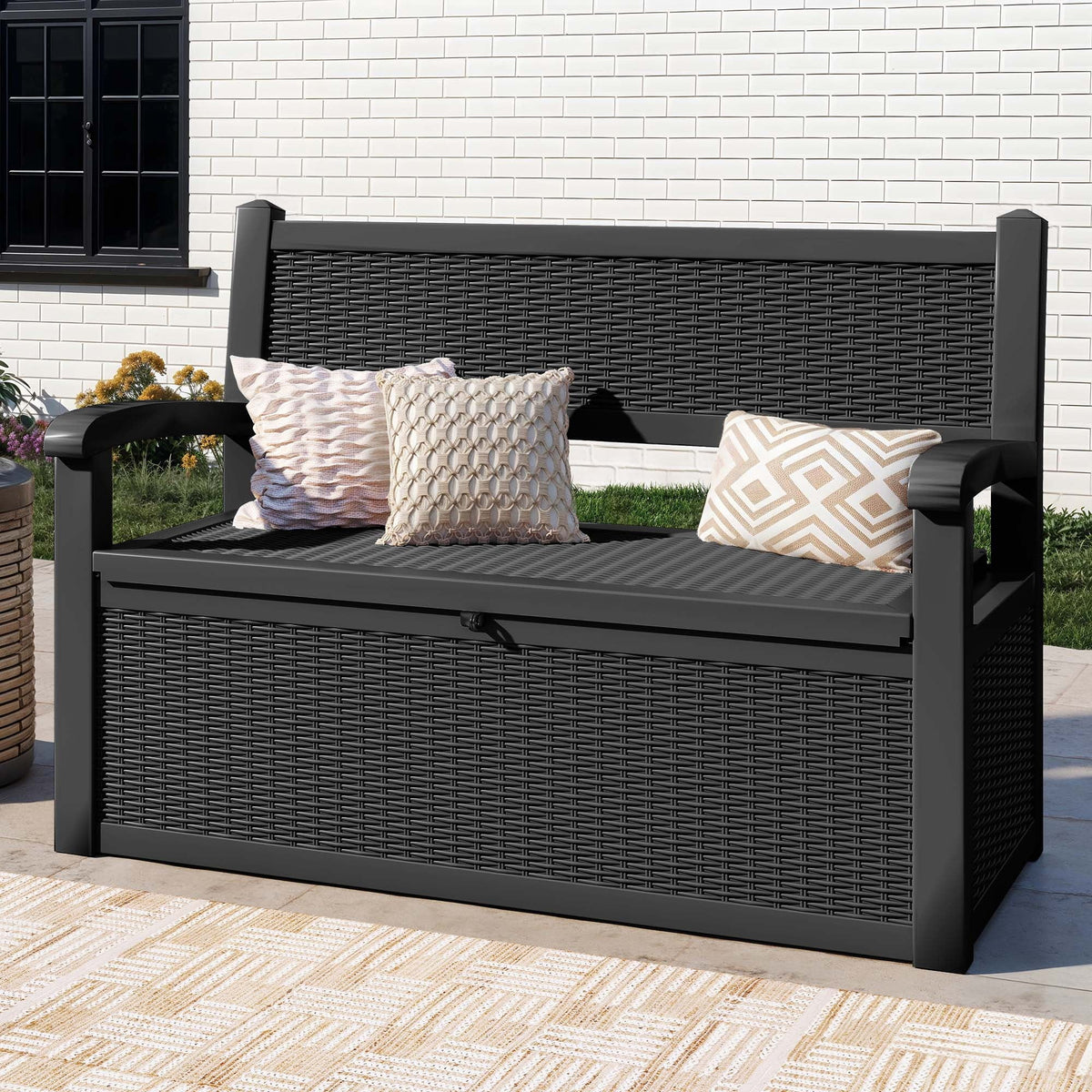 2026 NewModFusion 70-Gallon Outdoor Resin Storage Cabinet with Rattan Backrest – Waterproof Patio Bench Seat, 500 lbs Capacity, Black