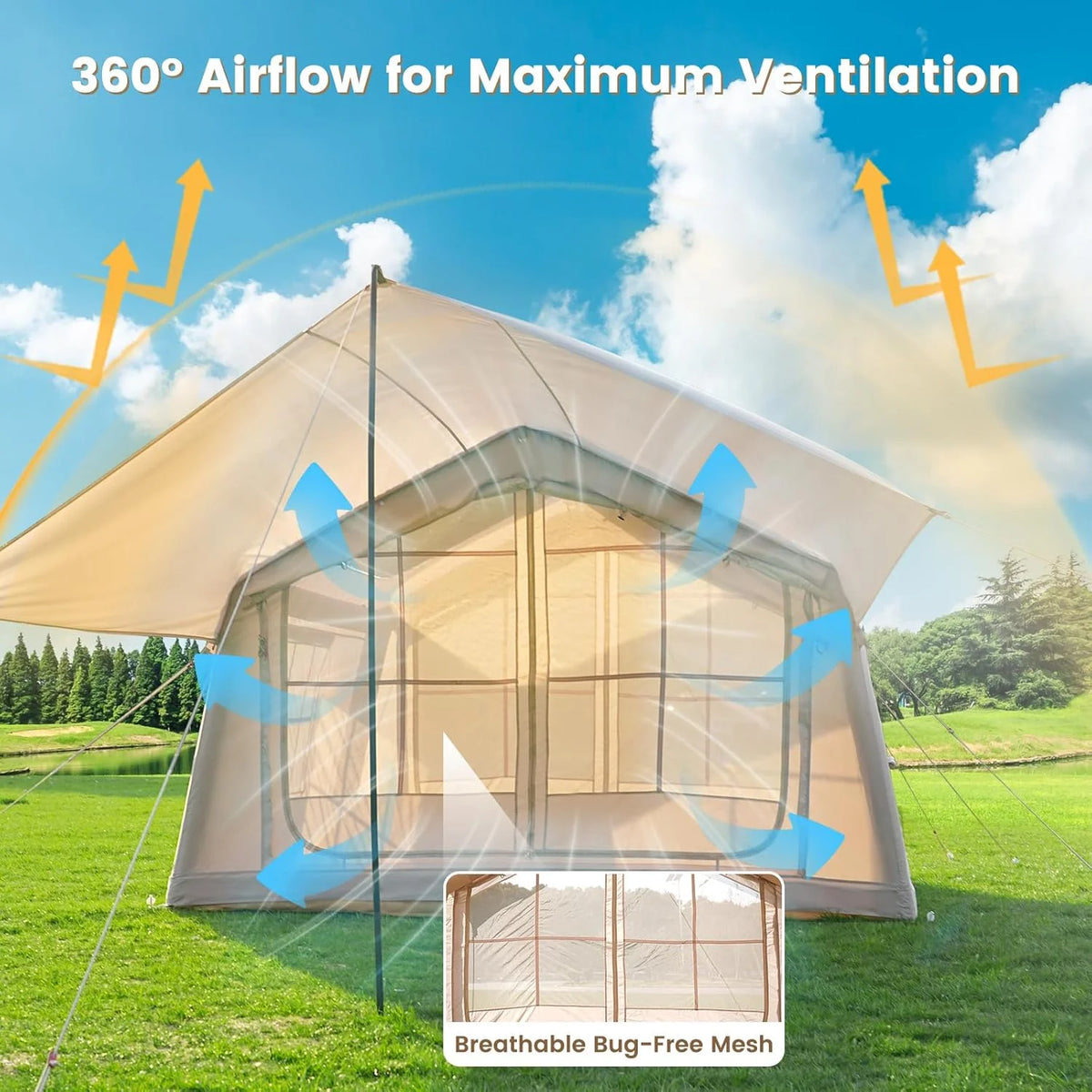 Zikebtuy 2/6/8 Person Inflatable Camping Tent, Easy Setup Blow Up Air Tent with Hand Pump, Waterproof 4-Season Glamping Tent with Large Mesh Windows & Oversized Canopy for Couples, Group & Family