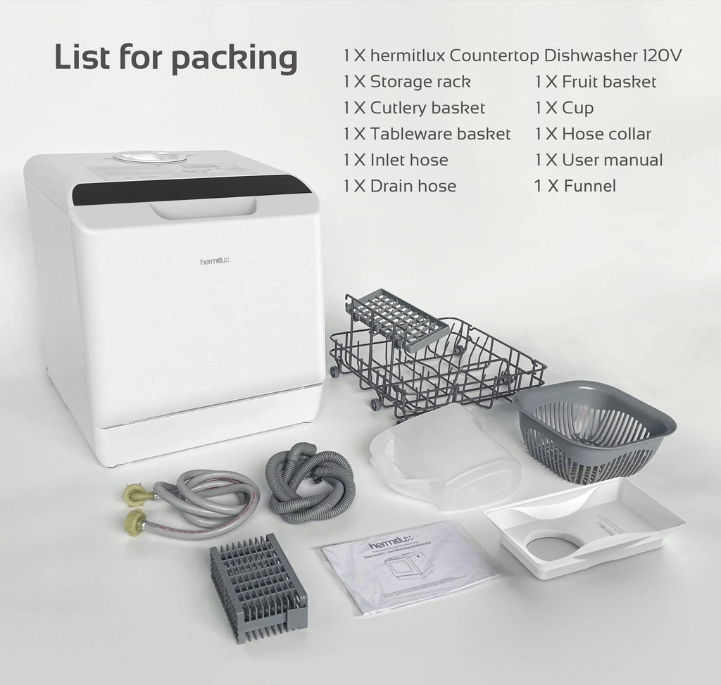 2026 NewHermitlux Portable Countertop Dishwasher, 5 Washing Programs, 5L Built-in Water Tank and Air-Dry Function, HMX-DW03