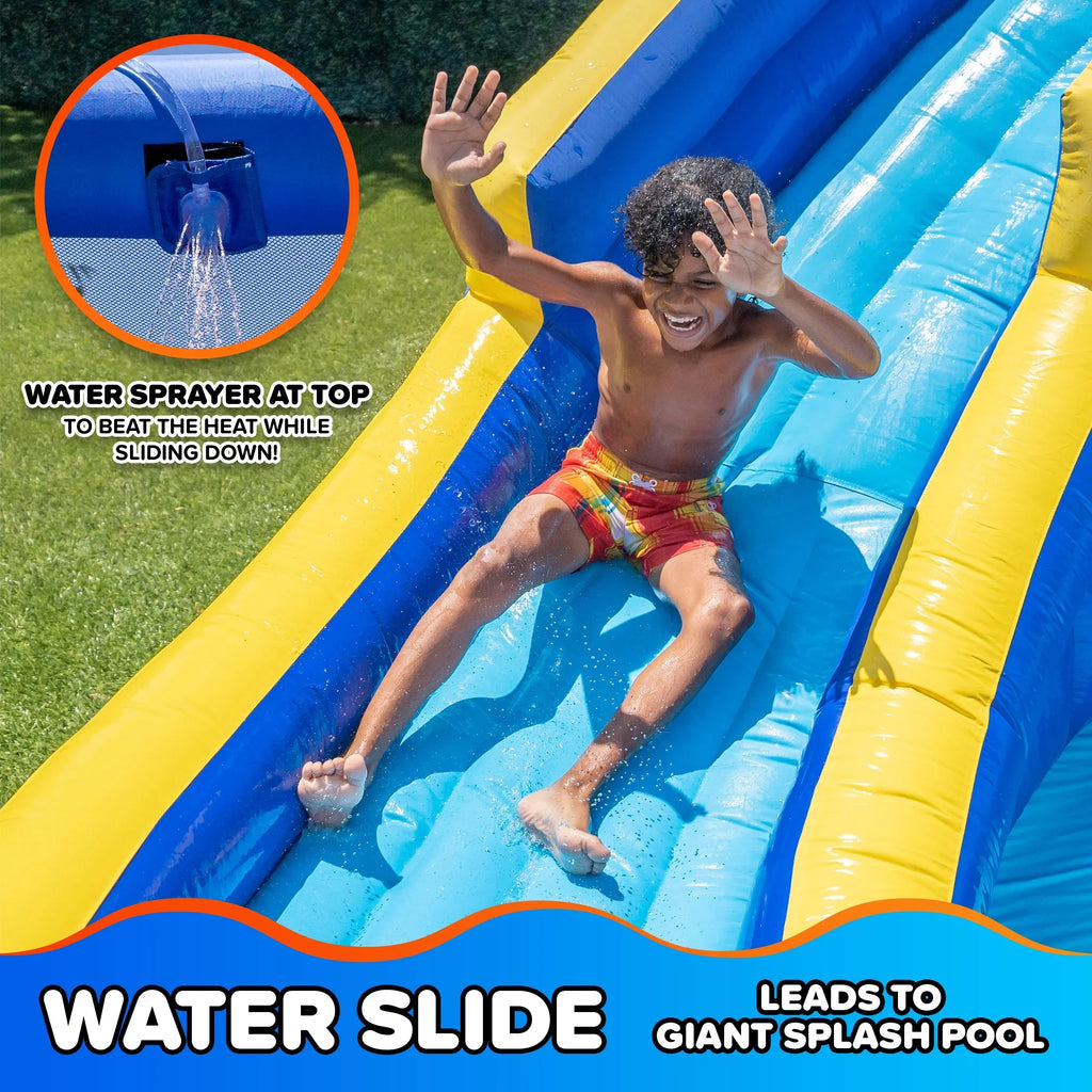 2026 NewSportspower Big Wave II Inflatable Water Slide with Climbing Wall & Splash Pool, Ages 3-8, Heavy Duty, ASTM Certified, Lifetime Warranty on Included Blower