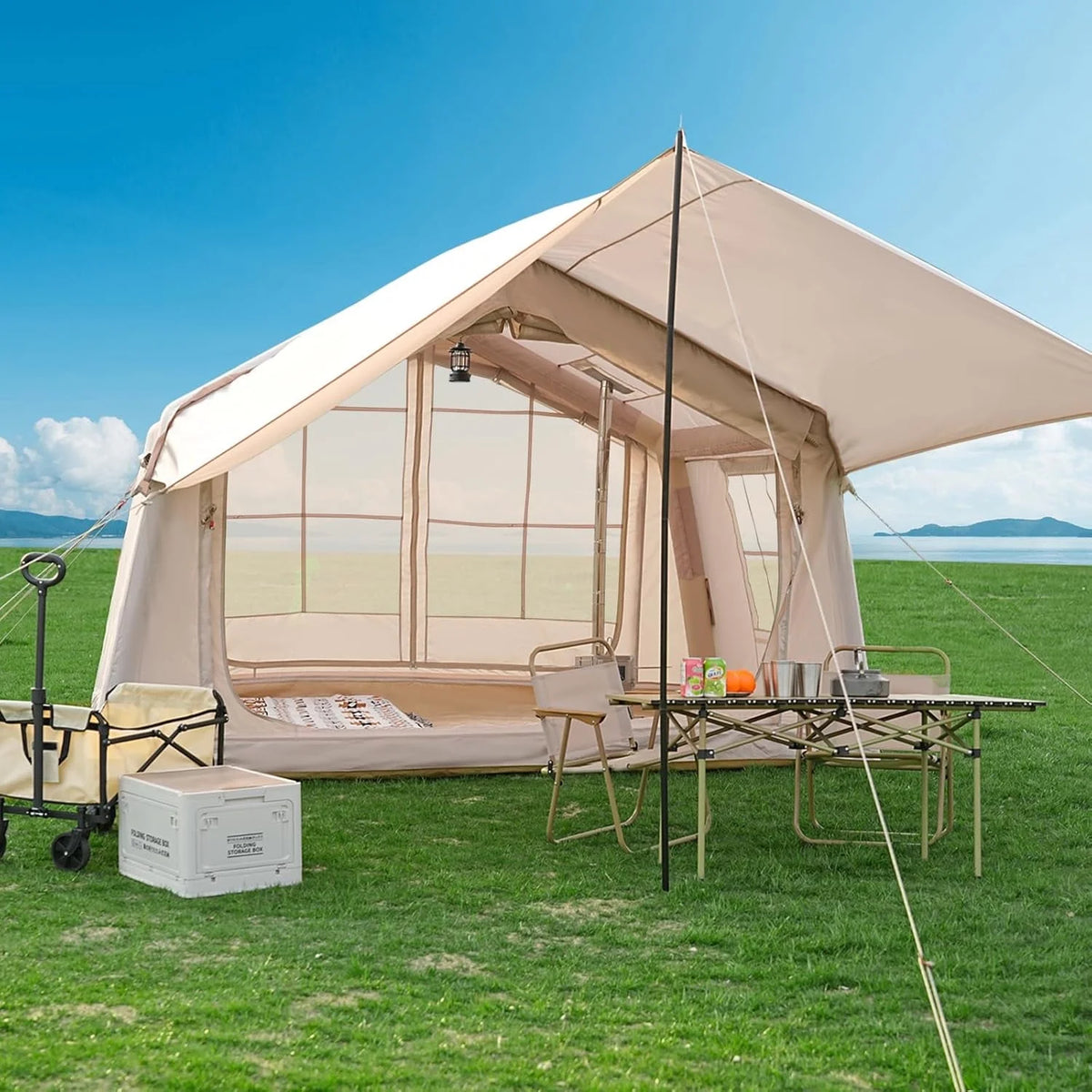 Zikebtuy 2/6/8 Person Inflatable Camping Tent, Easy Setup Blow Up Air Tent with Hand Pump, Waterproof 4-Season Glamping Tent with Large Mesh Windows & Oversized Canopy for Couples, Group & Family