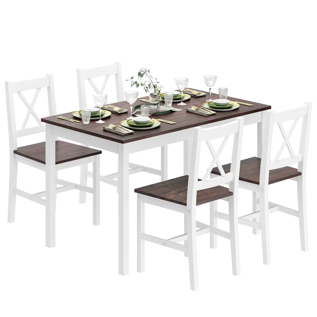 2026 NewSoges 5 Pieces Dining Table Set, Pine Wood Kitchen Dining Table with 4 Chairs, Wood Rectangular kitchen table and chairs for 4, Small Dining Set for Bar Dining Room Breakfast Nook, White and Gray