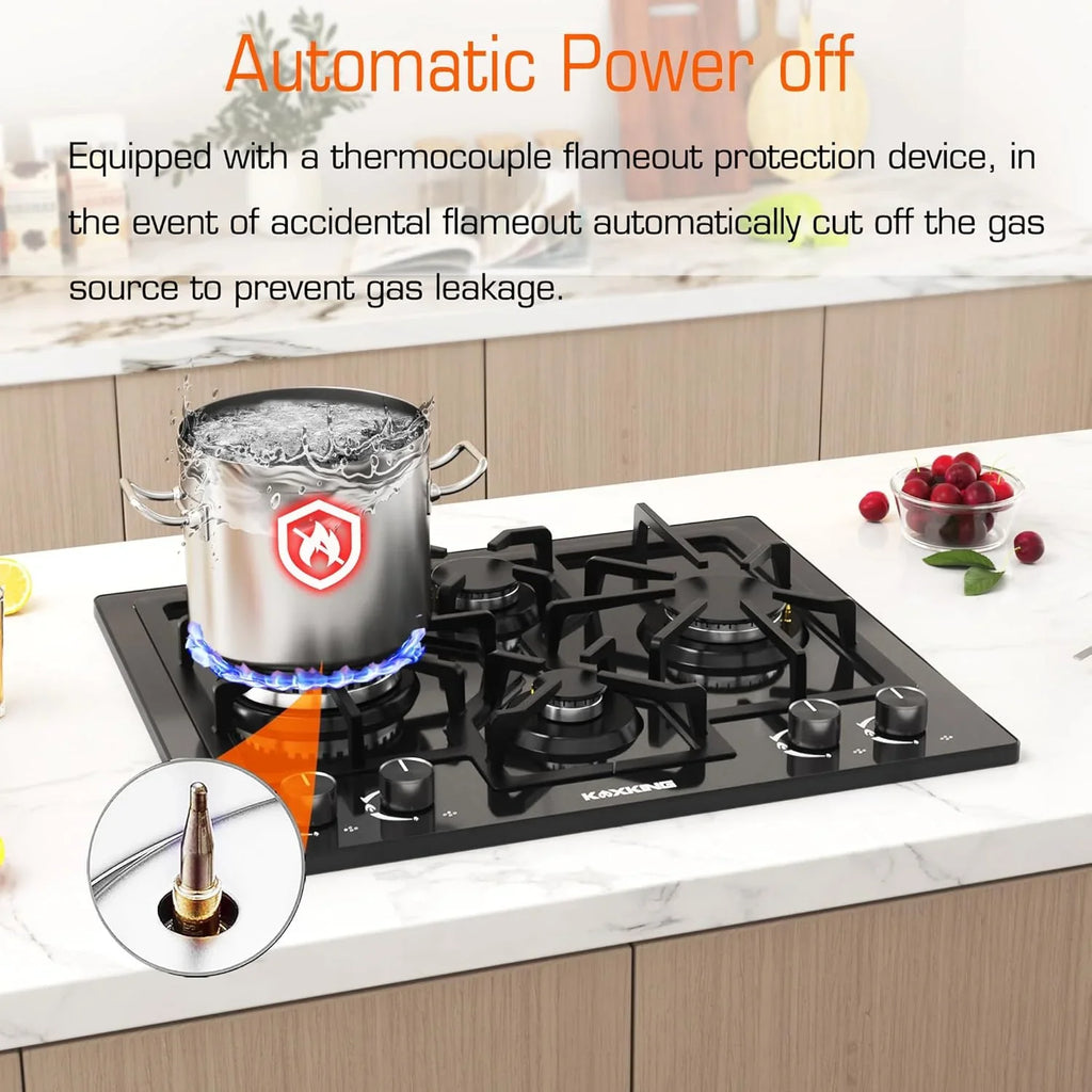 2026 New24 Inch Black Gas Cooktop - Built-in Dual Fuel Natural Gas & Propane Stove - 4 Burner Convertible Cooktop with Thermocouple Protection