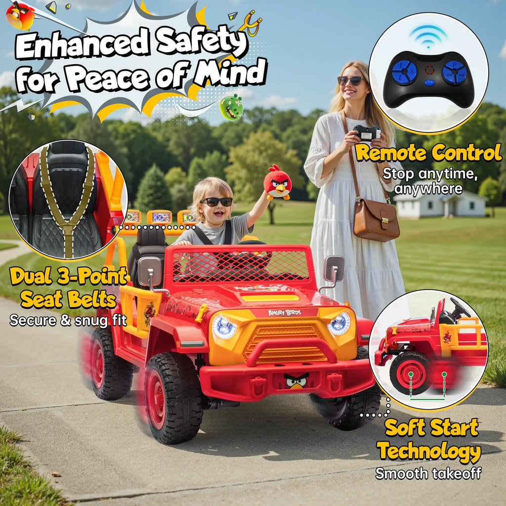 2026 NewJoyracer 24 Volt Ride on Toys for Big Kids, Licensed Angry Birds Ride on Truck with Remote, 2 Seater 4WD Electric Ride ons with Shovel, Bluetooth, Lights, Power Car Wheels for 3-8, 130lbs, Green