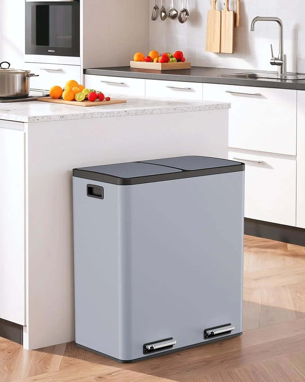 2026 NewLAZY BUDDY Dual Garbage Can, Stainless Steel 16 Gallon Step Kitchen Trash Can with Soft-Close Lid, Double Compartment Garbage Recycling Bin