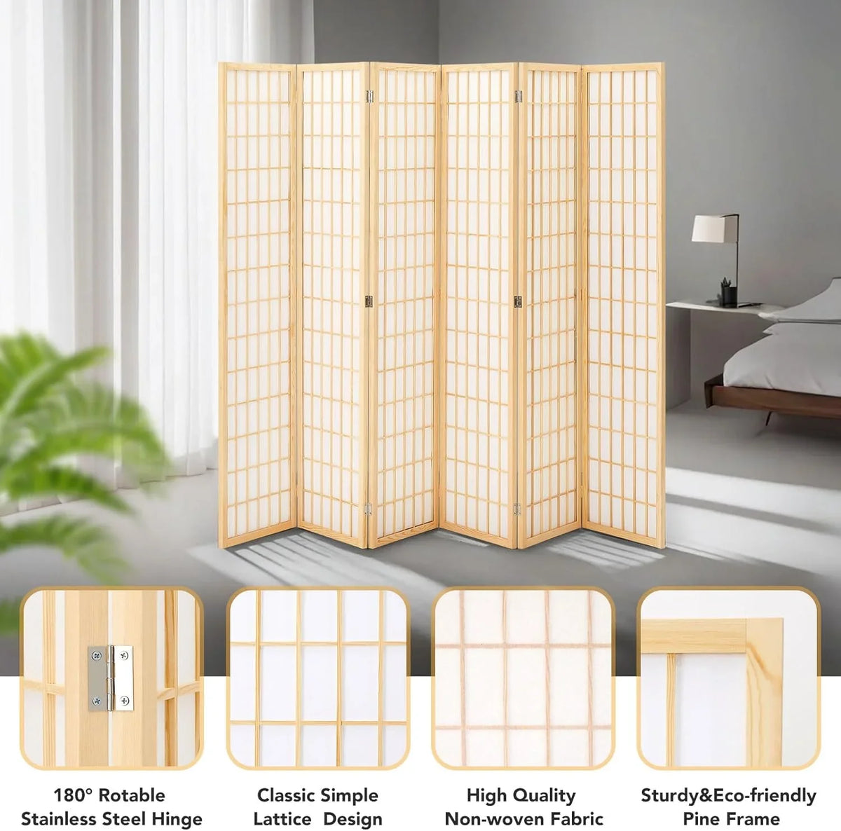 2026 NewJOSTYLE Room Divider Wall Shoji Screen, 6 Panel Folding Privacy Screen for Room Separation, Japanese Wood Room Divider Screen, 5.9 Ft, Natural