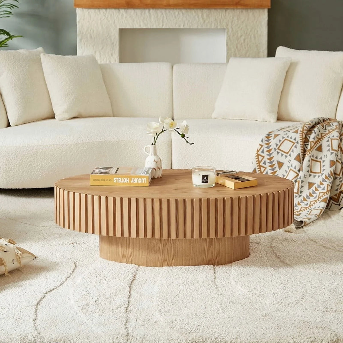 2026 NewFFH 43.7 inch Oval Coffee Table for Living Room,Handcraft Rustic Corner Coffee Table Nature Wood Relief Sturdy Pedestal for Apartmen,Side Table Centre Table,Nature Wood
