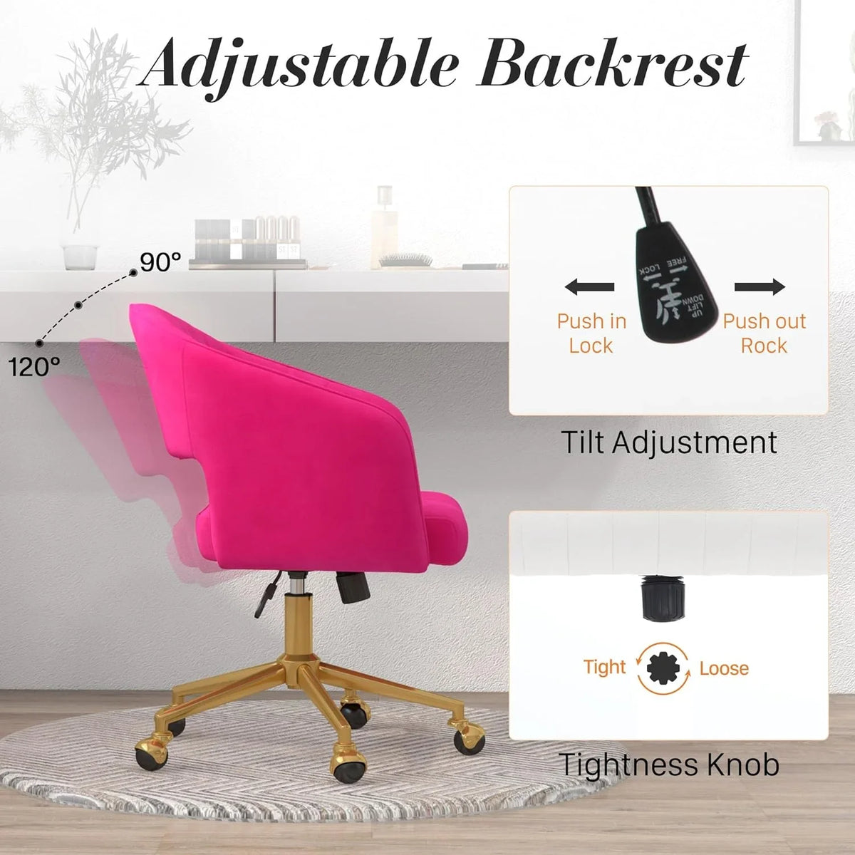 2026 NewHome Office Swivel Desk Chair, Modern Velvet Vanity Chair, Height Adjustable Armchair with Gold Base, Ergonomic Office Chair for Task Study Computer Room, Beige