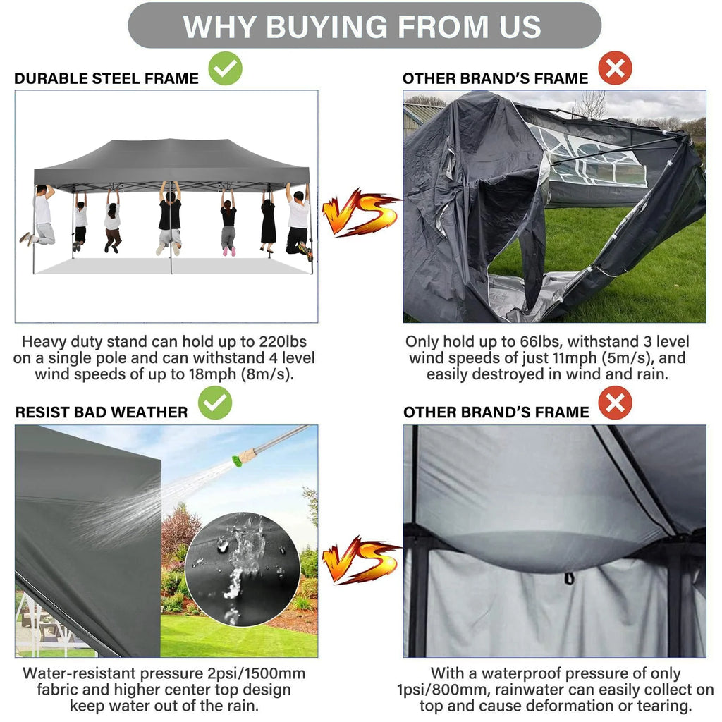 COBIZI 10x20 Heavy Duty Pop up Canopy Tent with 6 sidewalls Easy Up Commercial Outdoor Canopy Wedding Party Tent for Beach All Season Wind & Waterproof Gazebo with Roller Bag,Black(Frame Thickened)